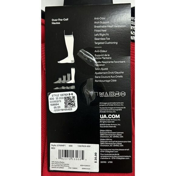 UNDER ARMOUR UA PERFORMANCE SOCKS, ADULT MEDIUM (7-8.5) RED, 1 PAIR NWT - Picture 3 of 4